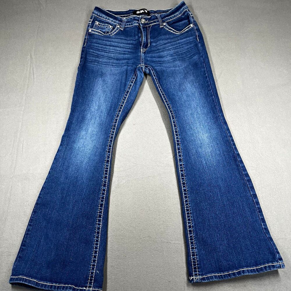 SKY womens size 12 blue medium wash flare jeans slim fit stretch embroidered